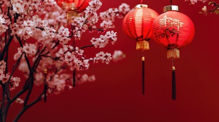 Chinese lanterns hanging decorations and sakura blossoms on red background, Elegant design for Chinese New Year greeting card ,copy space for text.