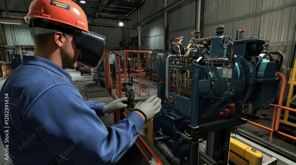Poster a team member interacting with a virtual reality training module simulating complex machinery repair