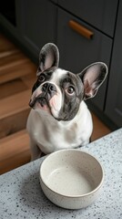 French bulldog sitting near a bowl and asking for food