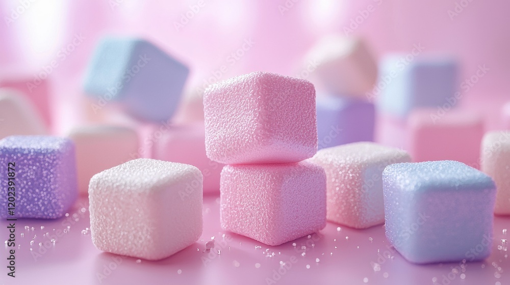 Aufkleber colorful pastel sugar cubes arranged in stacks on a soft pink background creating a whimsical desser