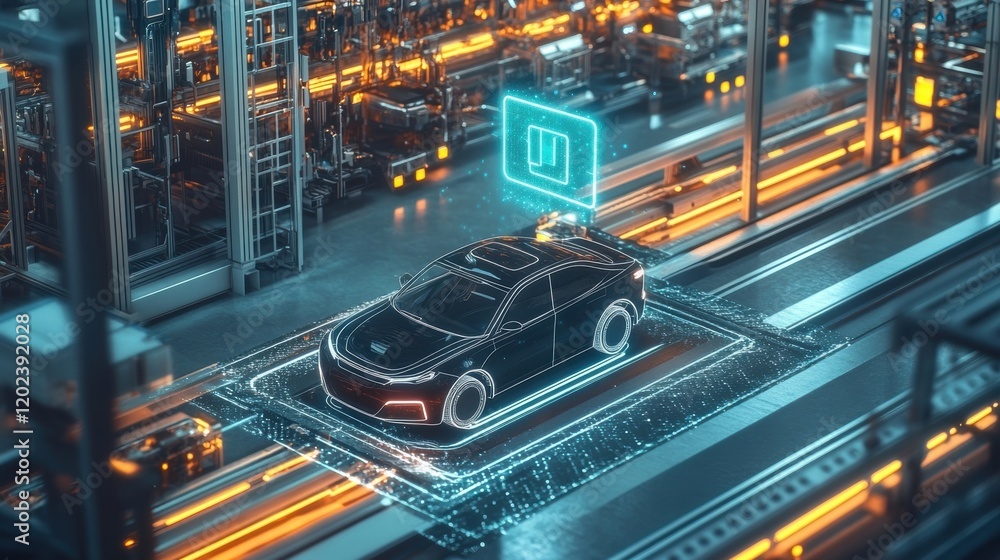 Poster an overhead shot of an autonomous vehicle maneuvering between assembly lines with a bright 5g connec
