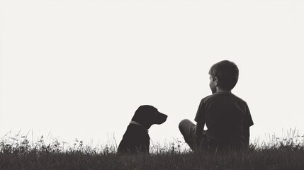 Boy and dog sitting outdoors, monochrome.