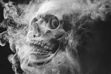 Spooky human skull exhaling smoke on dark background, creating a creepy and mysterious atmosphere