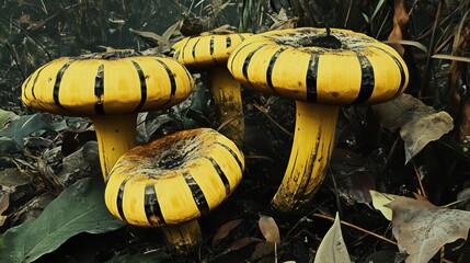 Yellow striped mushrooms in forest, nature background, close-up