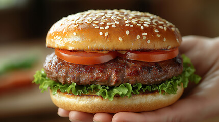  female hand holding tasty fresh burger. Homemade hamburger with fresh green lettuce, tomato and red onion