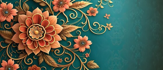 Elegant 3D Floral Design Gold Peach Flowers on Teal