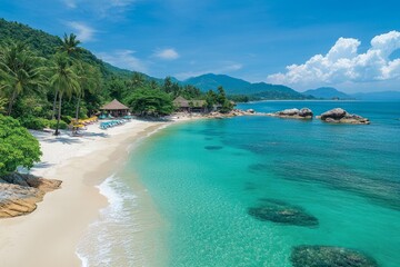 Fototapeta premium Tranquil beach scene with white sand, turquoise water, palm trees, and beach huts, creating a serene tropical paradise