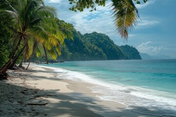 Naklejka premium Palm trees swaying in the breeze on a beautiful tropical beach with white sand and turquoise water gently washing ashore
