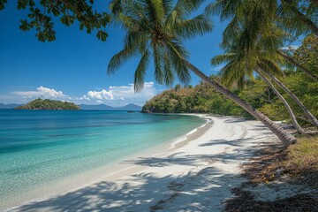 Breathtaking view of a tropical paradise with white sand beach, crystal clear turquoise water and leaning palm trees