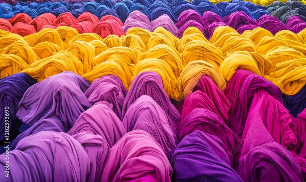 Poster multicolored fabric swirls in vibrant piles of cloth draped and folded in rows