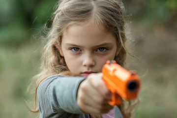 Girl pointing an orange toy gun, depicting themes of childhood, play, and the potential dangers of imitation violence