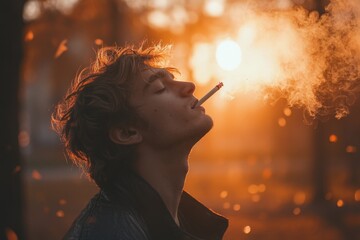 Obraz premium Portrait of a young man smoking a cigarette outdoors at sunset, creating a dramatic silhouette against the warm light