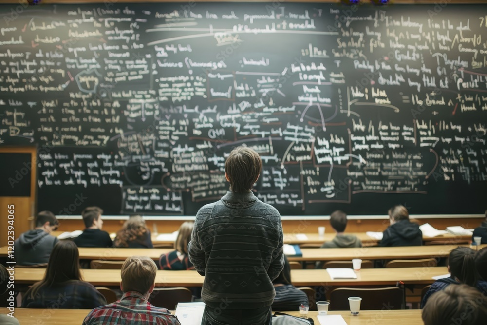Poster a university professor stands at the chalkboard in a full lecture hall, teaching students, lecture h