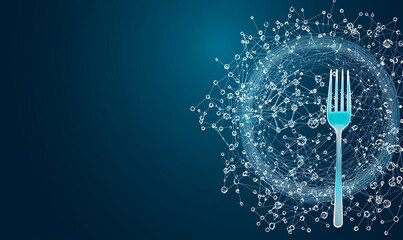 A fork surrounded by bubbles on a blue background, symbolizing dining or culinary themes.