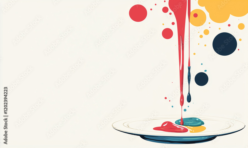 Poster artistic splashes of colorful paint flowing from a plate on a light background.