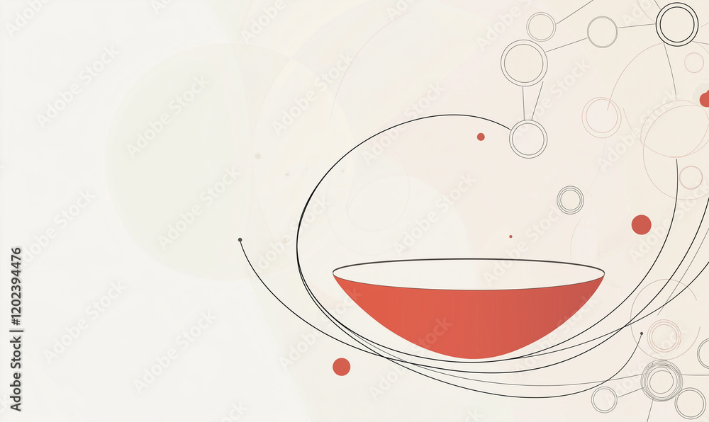 Poster abstract design featuring a red bowl with swirling elements and bubbles on a light background.