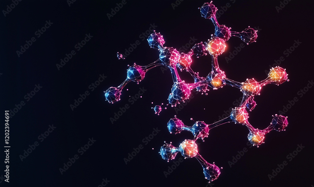 Poster abstract molecular structure with colorful nodes and connections on a dark background.