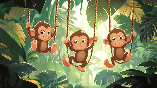 Three playful monkeys swinging on vines in a lush jungle setting. Playful Jungle Creatures. Illustration