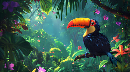 Toucan mascot enjoys the lush jungle, playing joyfully amidst tropical plants and colorful wildlife. ideal for playful and engaging 2d illustrations. Playful Jungle Creatures. Illustration