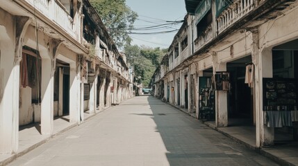 Obraz premium Empty, sunlit street with aged colonial-style buildings.