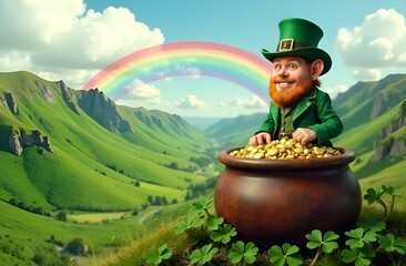 Cheerful leprechaun with a pot of gold coins on the green grass of a high mountain, St. Patrick's Day

