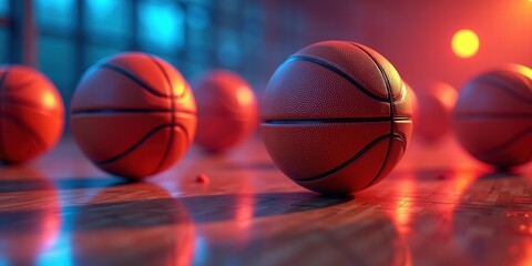 Fototapeta premium A vibrant close-up of basketballs lined up on a court, perfect for sports-themed projects, marketing materials, and promotional content.