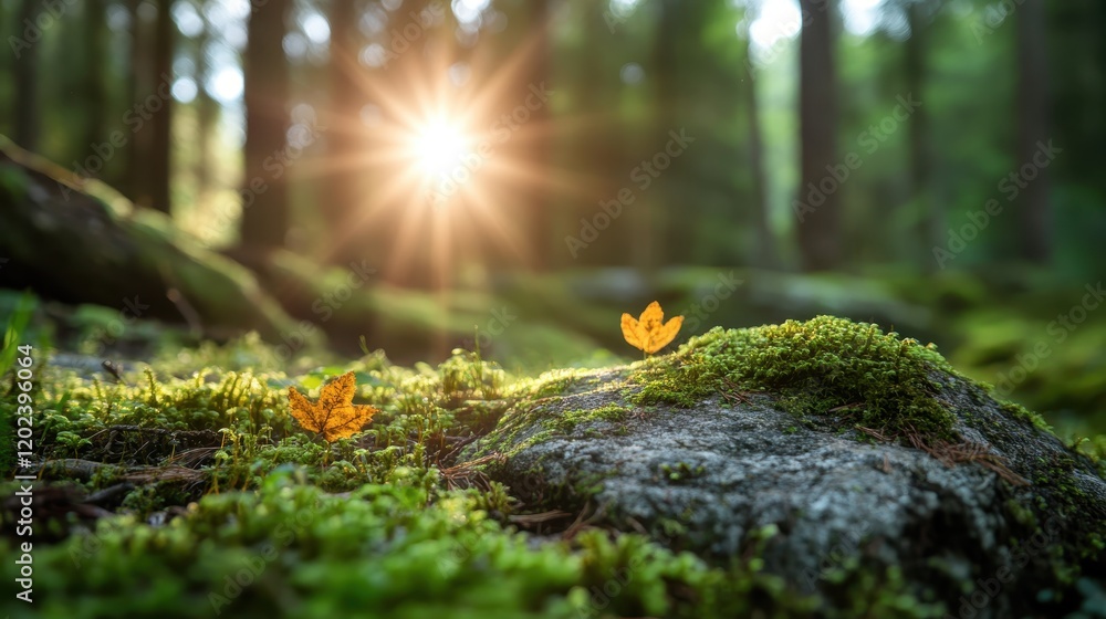 Poster an enchanting forest view where soft sunlight filters through trees, illuminating fallen leaves and 