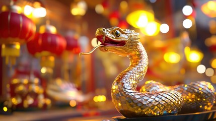 Fototapeta premium Golden Snake Statue Amidst Festive Lights