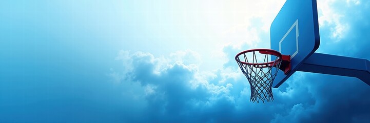 A vibrant basketball hoop against a serene blue sky, perfect for sports promotions, fitness campaigns, or educational materials.