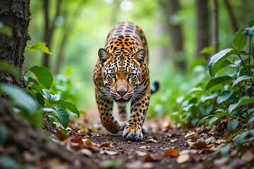 Obraz premium Jaguar stalking through lush jungle undergrowth, stealthy predator in action. Concept of survival in nature.