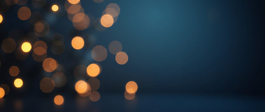 Abstract Background With Blurred Golden Lights and Bokeh on a Dark Blue Background