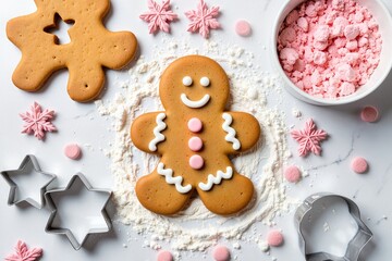 Fototapeta premium Gingerbread man with pink icing and candy buttons on a flour-dusted kitchen counter, festive baking concept.