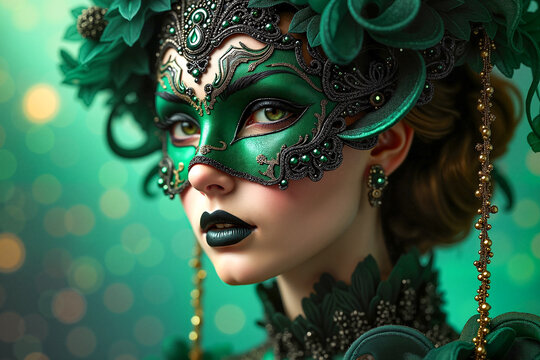 Enchanting masked woman with striking emerald mask and black lips, portraying elegance at a lavish masquerade ball, luminous backdrop, celebration of festivity. Venice or  Mardi Gras Carnival concept