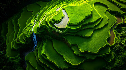 Fototapeta premium Lush green rice terraces with cascading waterfall. (1)