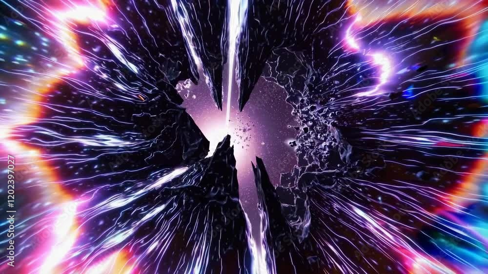 Poster travel through colorful wormhole in deep space. interstellar cosmic exploration concept. galaxy, neb