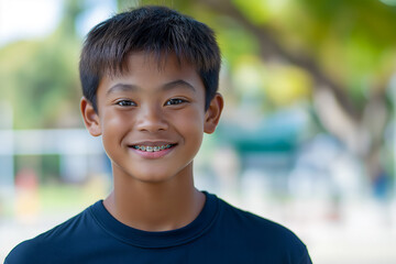 Teenage Asian boy smiling with braces in park, copy space