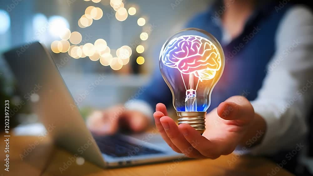 Poster brilliant idea: hand holding virtual lightbulb with brain, bokeh background, creative smart thinking