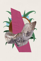 Creative composition with abstract textured armchair, pink geometric overlay, tropical leaves against light background. Concept of creativity, surrealism, interior design. Contemporary art collage.