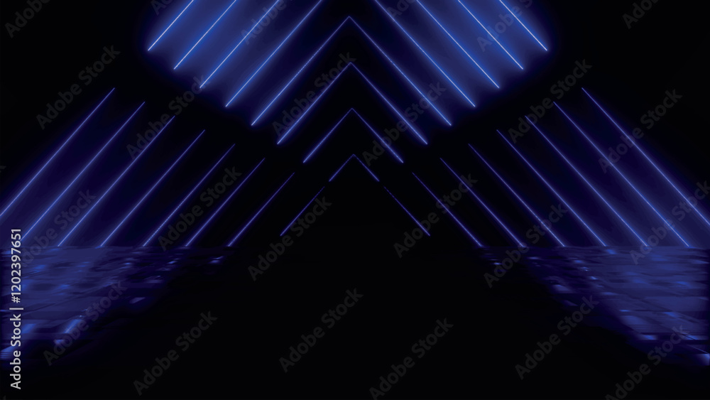 Poster abstract colorful background with bright neon beams and glowing lines reflecting on the floor. clean