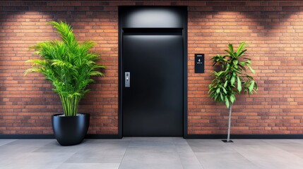 Fototapeta premium Modern Brick Elevator Entrance with Plants - Stylish elevator entrance, modern brick wall, potted plants, minimalist design, sophisticated ambiance.