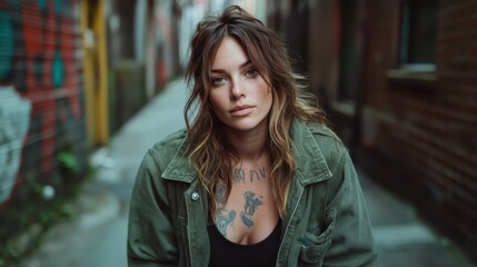 Fototapeta premium This captivating image showcases a young woman captured in an urban alley, characterized by vibrant murals and a relaxed yet intense expression.