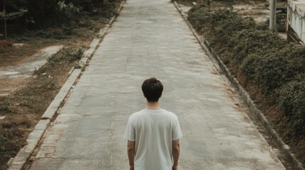 Man standing alone on a long, empty road, looking ahead.
