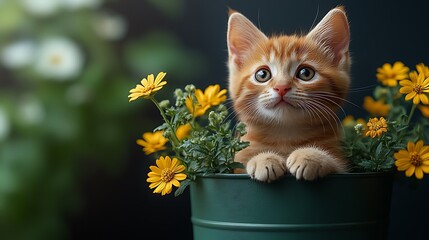 Ginger Kitten Amongst Yellow Flowers In A Green Pot