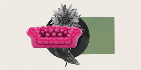 Surreal design with bright pink bubble-textured sofa, black and white sunflower, and geometric...