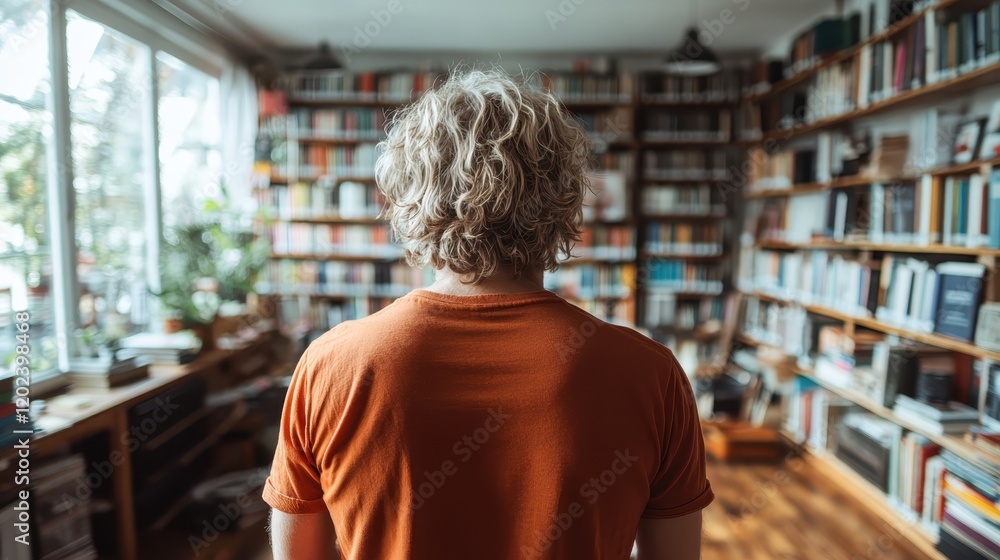 Poster a contemplative figure gazes at a bookshelf filled with various titles, illuminated by natural light