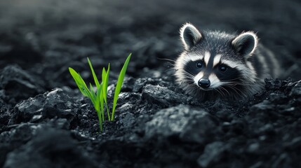 Fototapeta premium New Life Sprouting After Fire - A young raccoon observes new green shoots emerging from scorched earth, symbolizing resilience, rebirth, hope, wildlife, and nature's tenacity.