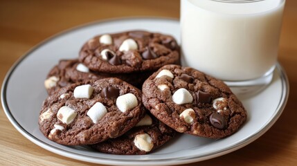 Chocolate chip and marshmallow dark chocolate cookies served with milk