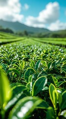 Fototapeta premium Lush tea plantation scenic highlands nature vibrant greenery close-up view high-resolution textures