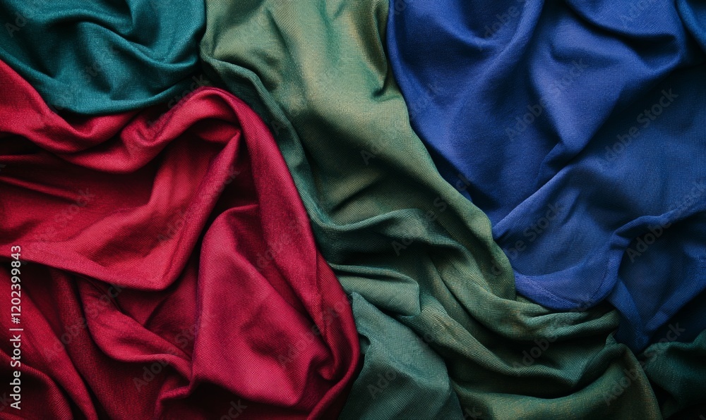 Poster richly colored fabric arrangement with folds and textures displayed in a random pattern