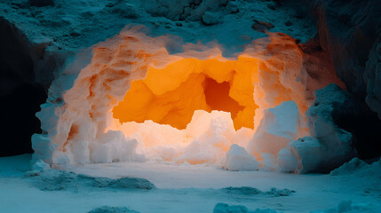 Naklejka premium Glowing orange light illuminates a snow cave entrance.